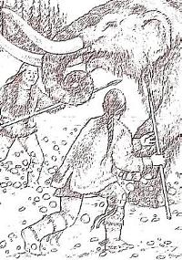 Detail of mastodon hunter drawing designed for use on a museum readerboard, copyright 2000 CNC